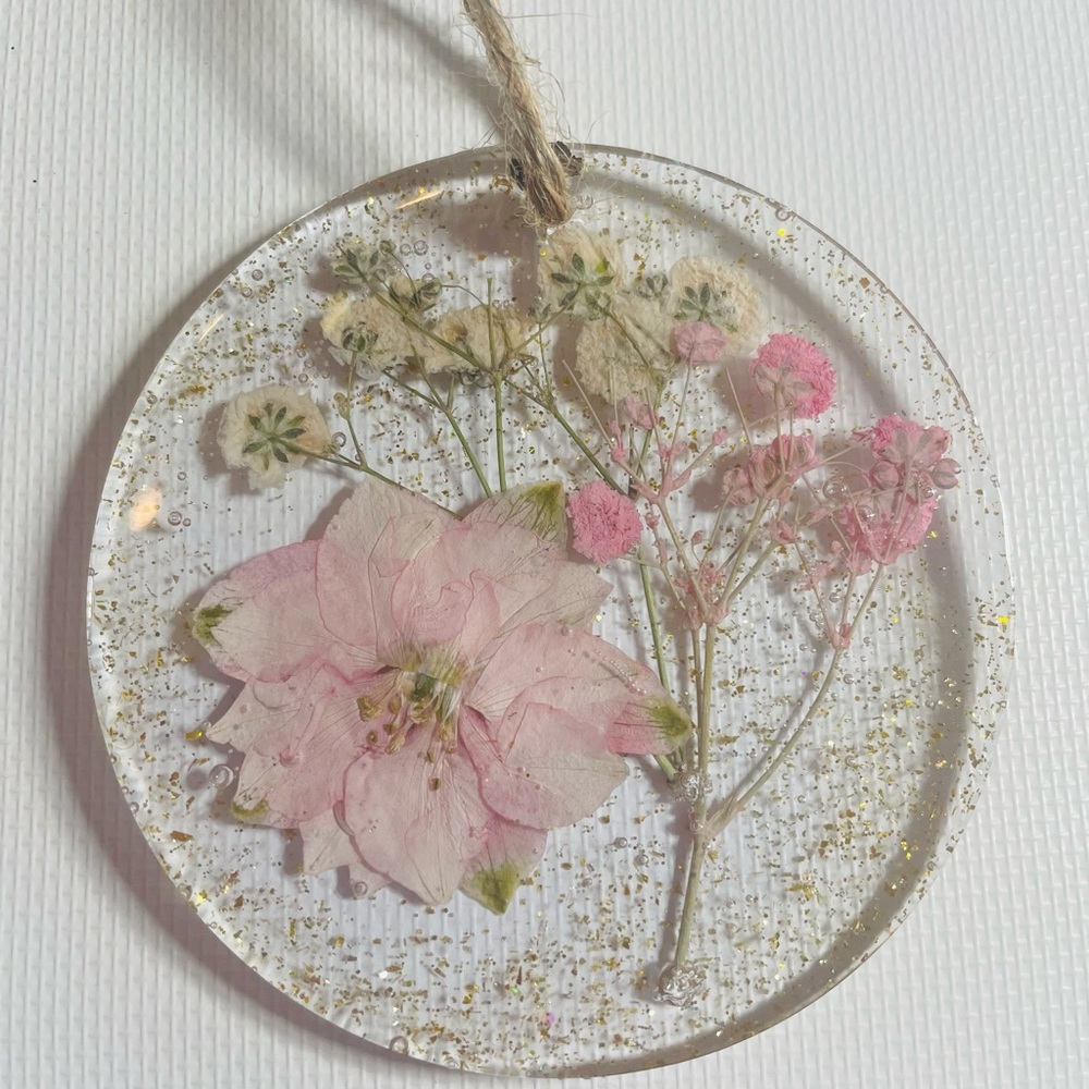 Hand Crafted Resin Pink and Gold Floral Sun Catcher